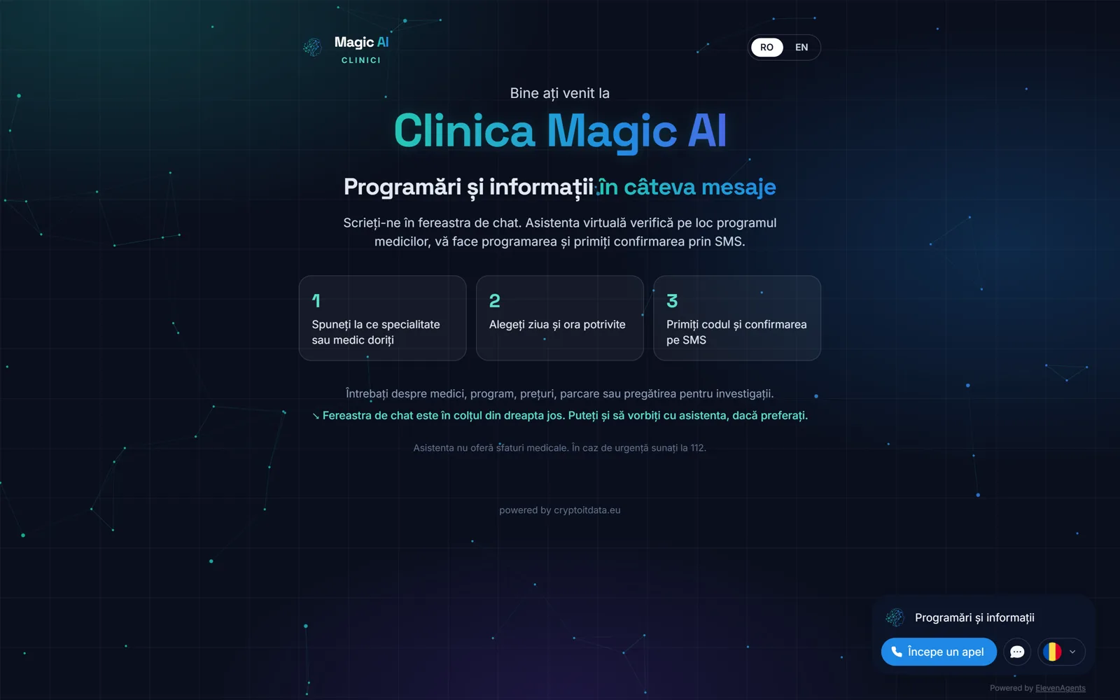 Pagina de chat a clinicii demo, cu asistentul care răspunde în scris și cu vocea