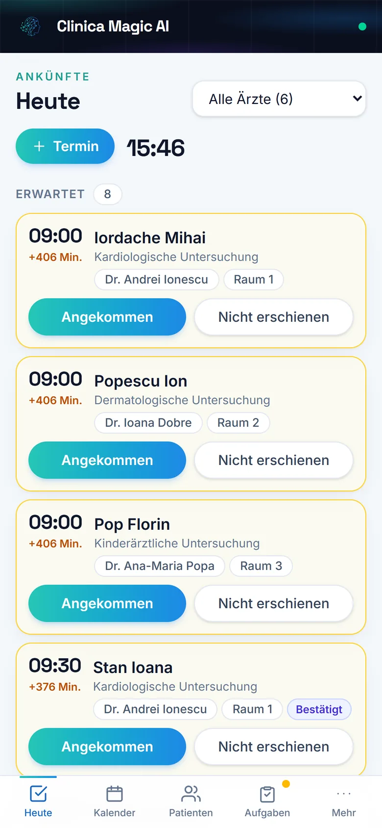 Die Klinik-App auf einem Smartphone, mit dem Bildschirm Heute