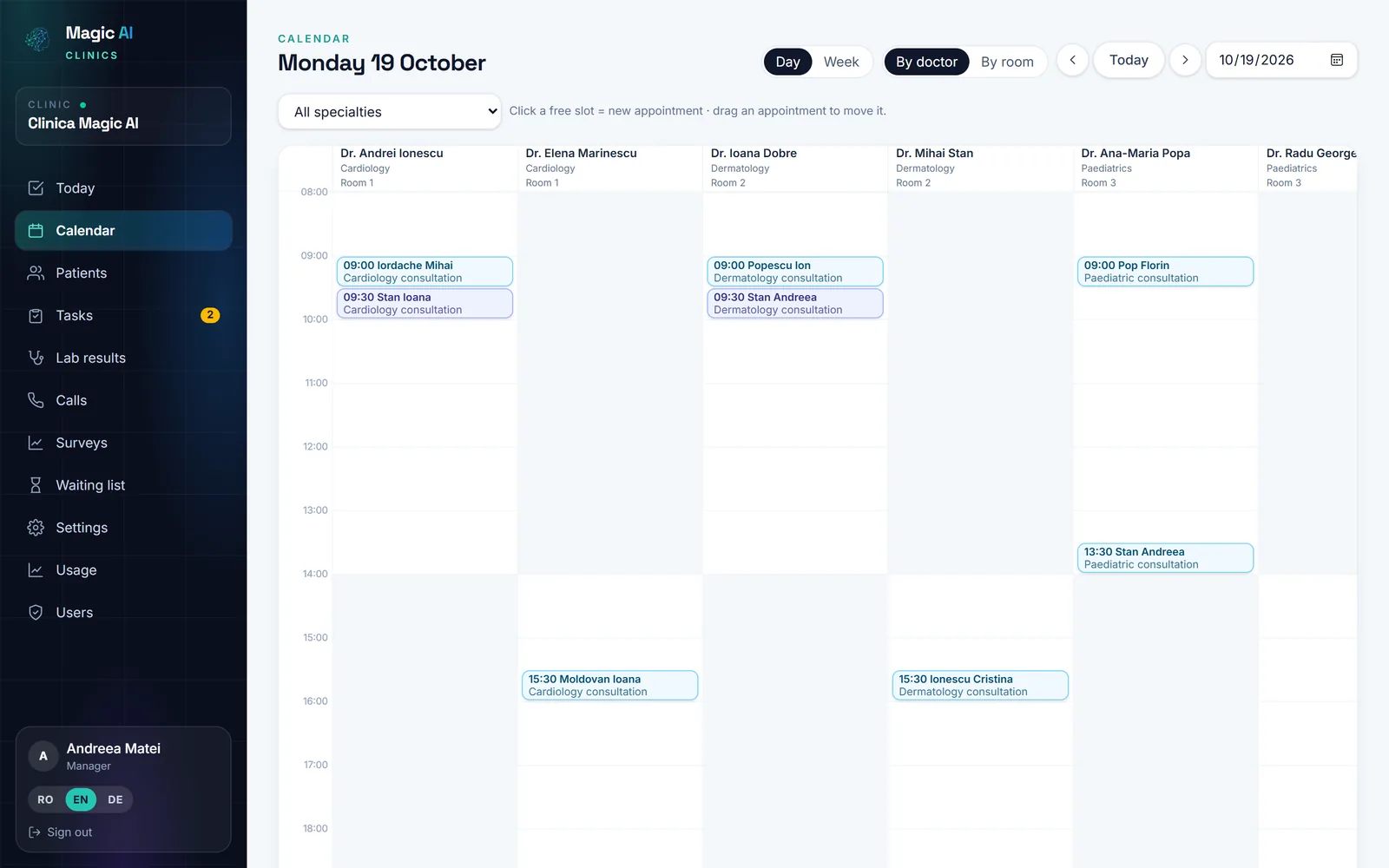 The day's calendar, with each doctor's appointments in columns