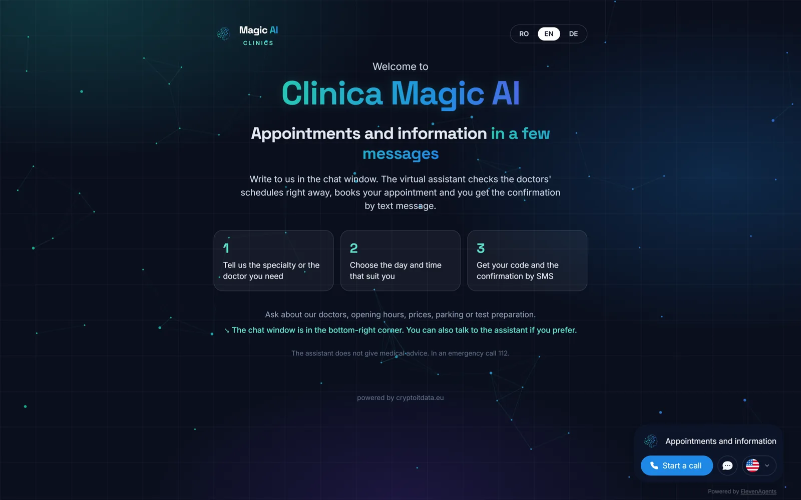 The demo clinic's chat page, with the assistant replying by text and by voice
