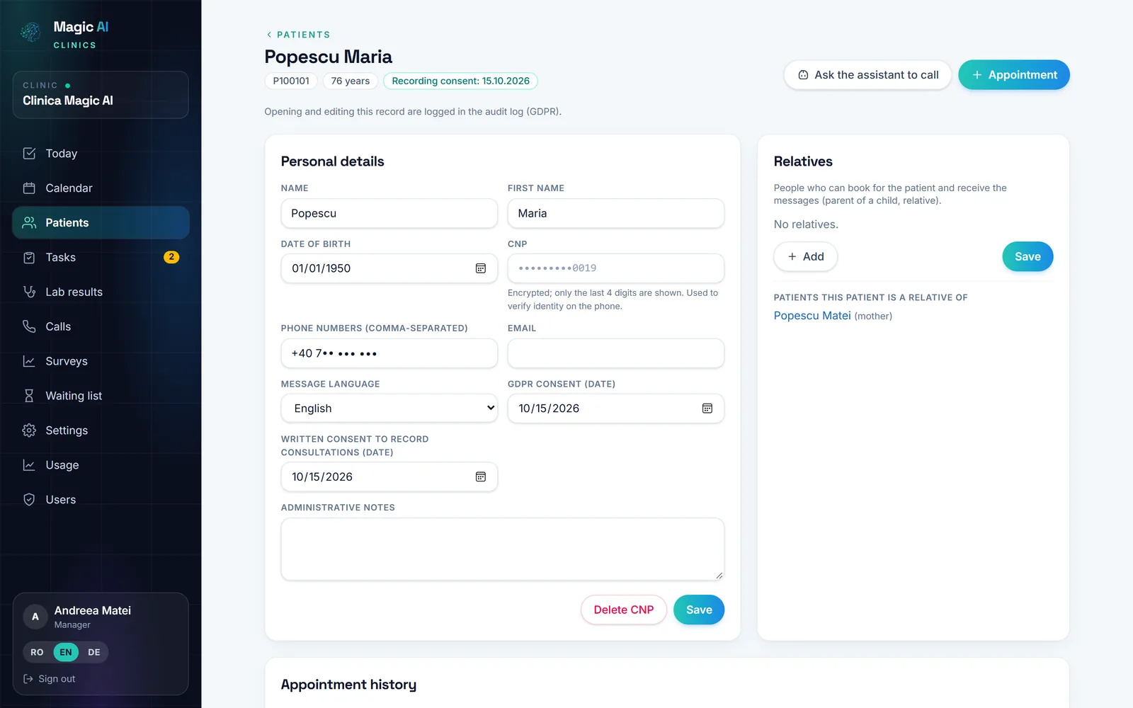 A patient record, with the personal data masked