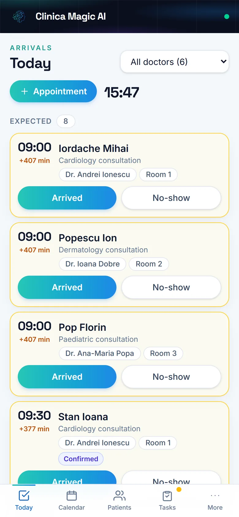 The clinic app on a phone, showing the Today screen