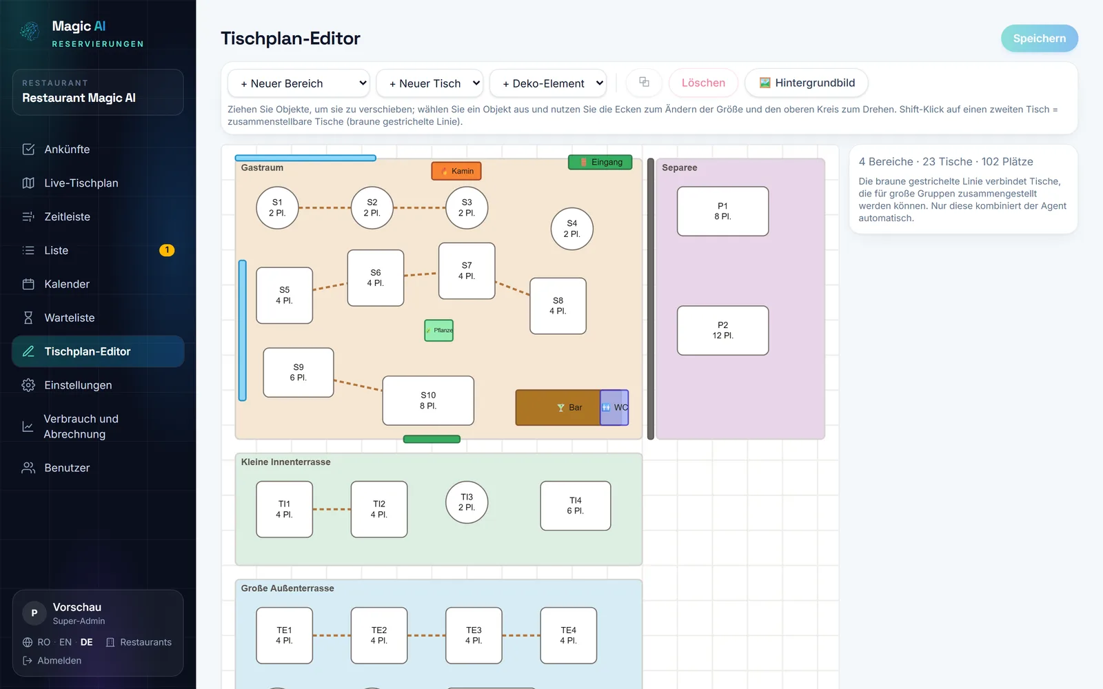 Tischplan-Editor des Restaurants