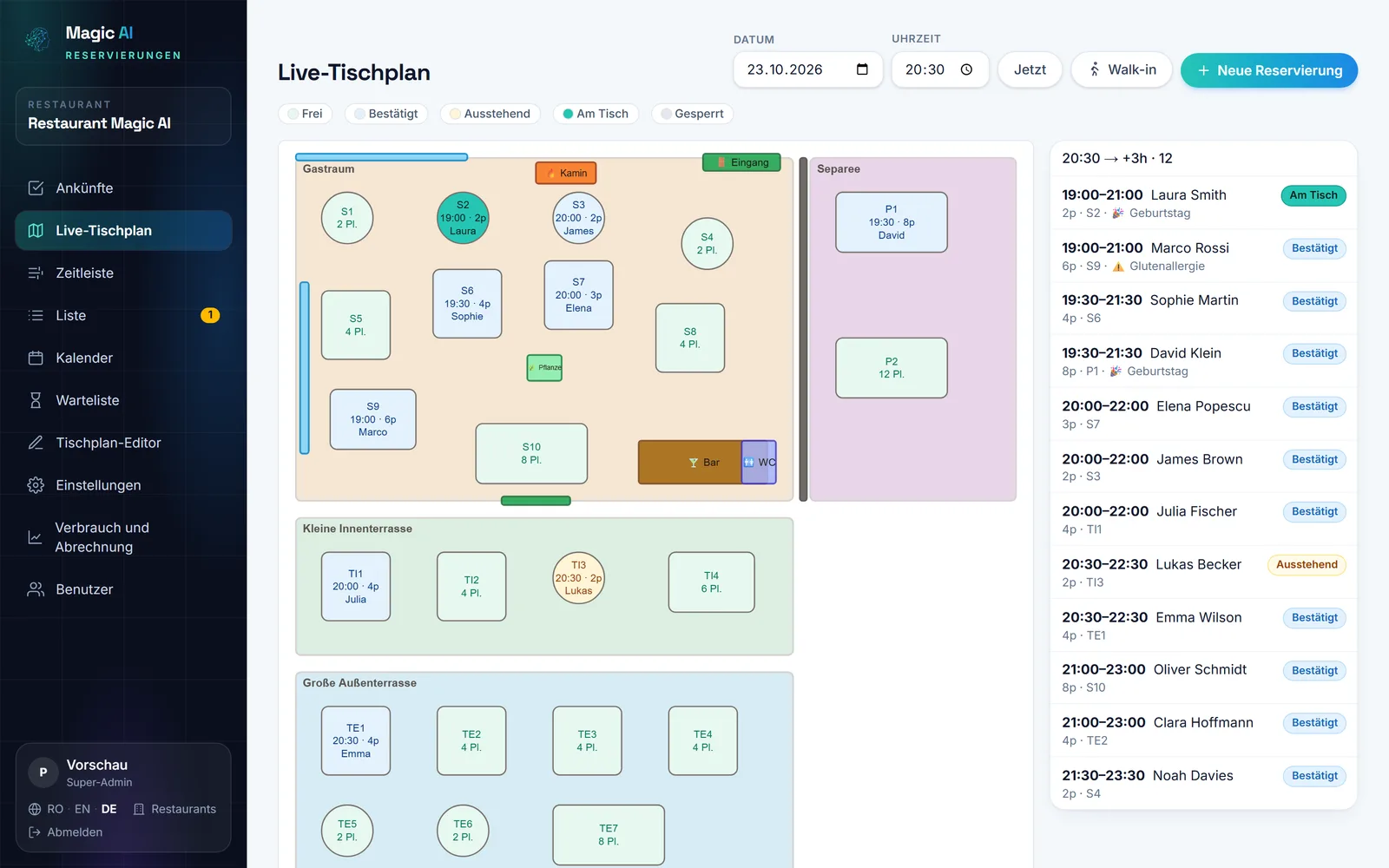Live-Tischplan des Gastraums mit einer Reservierung an Tisch S3