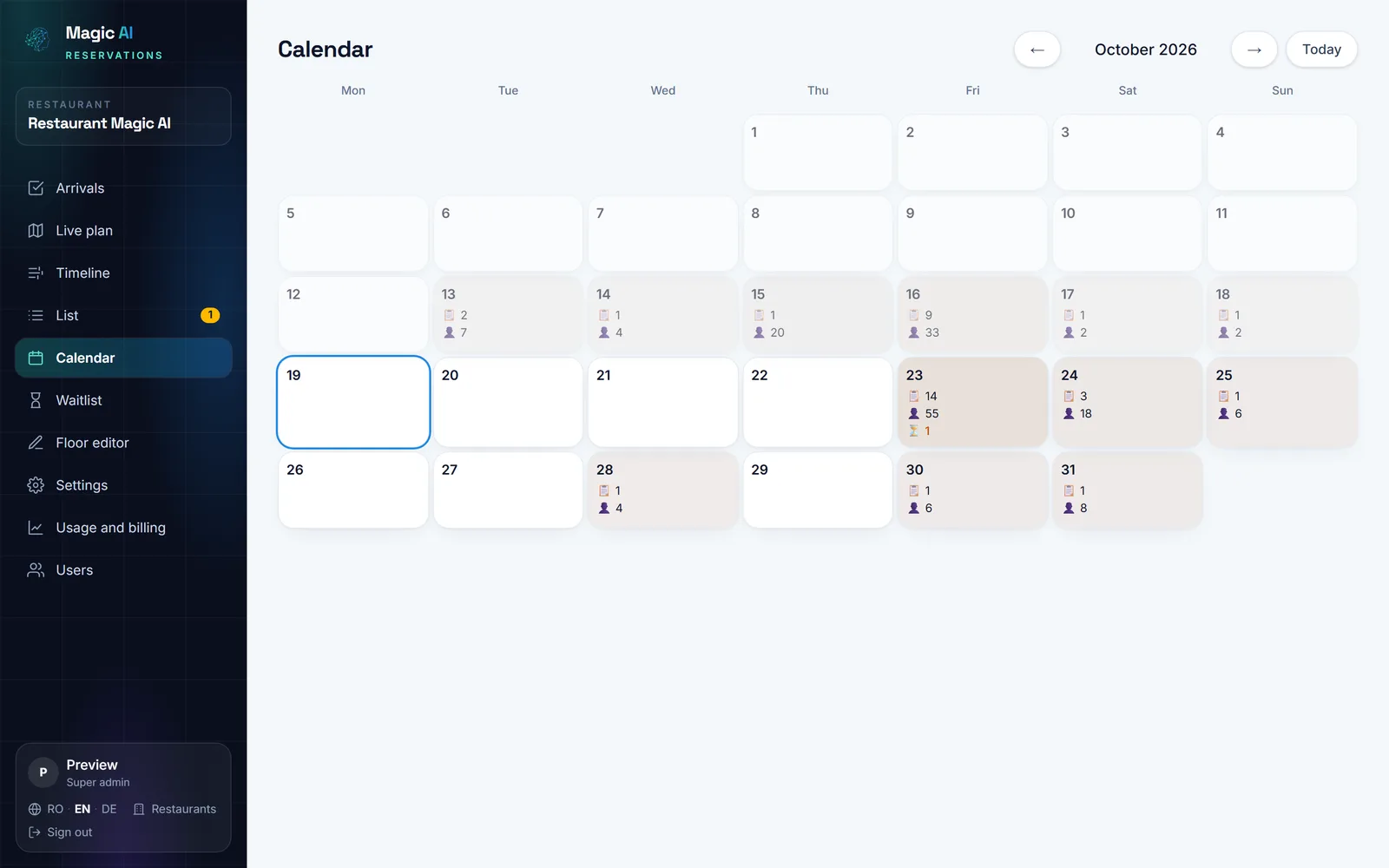 The booking calendar